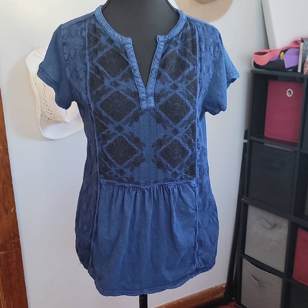 Lucky Brand Navy Blue Embroidered Short Sleeve Tunic